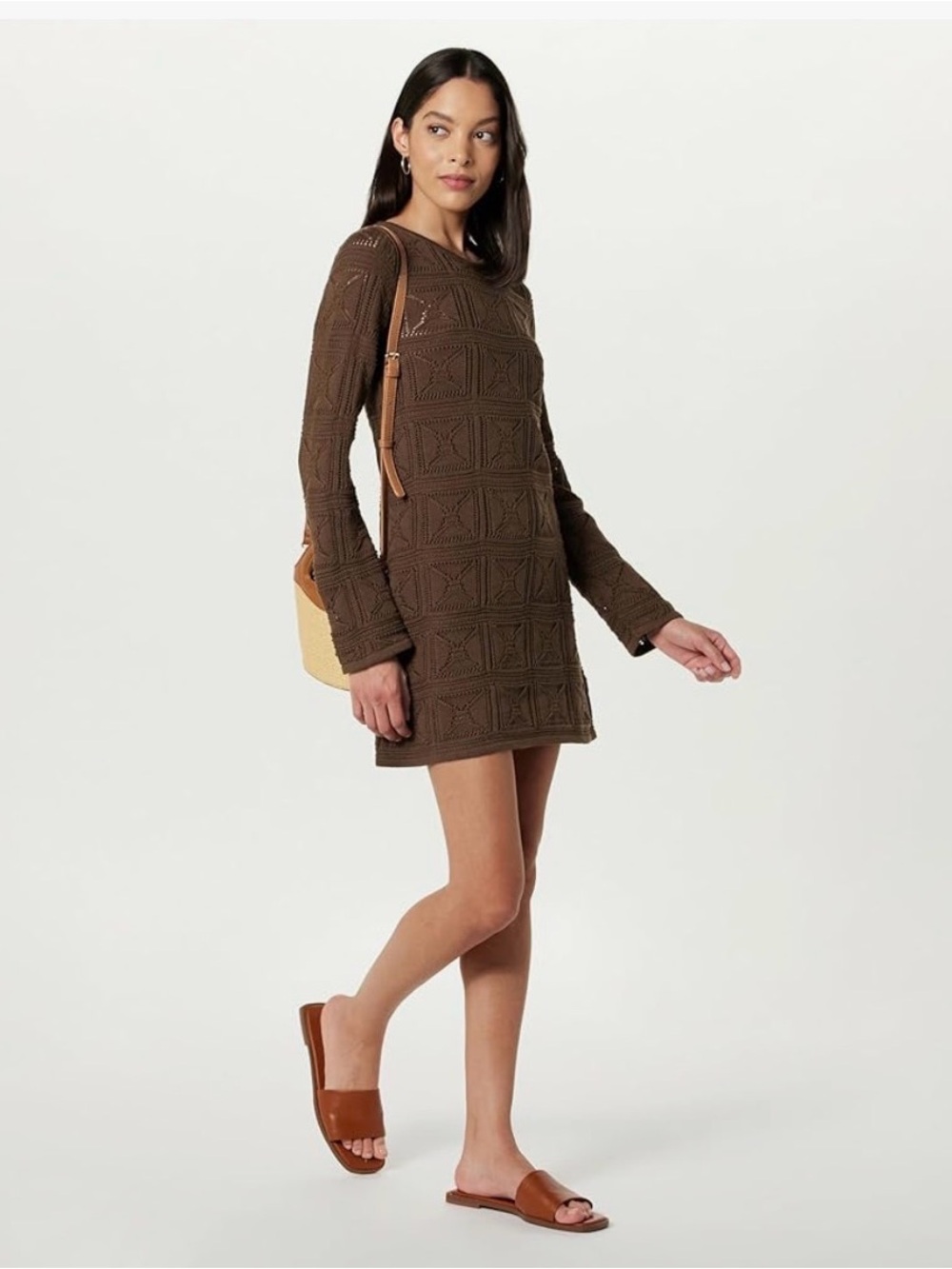 Women’s Brown Knit Long-Sleeve Mini Dress